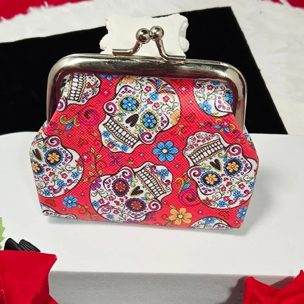 Red Sugar Skull Coin Pouch – Mini Day of the Dead Change Purse Spooky Cute Flair
